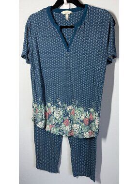 Soma Pajama Set Womens Small Blue Floral Lounge Sleepwear Short Sleeve